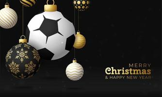 cartolina di Natale sport calcio. auguri di buon natale sport. appendere a un filo calcio, pallone da calcio come una palla di Natale e pallina d'oro su sfondo nero orizzontale. illustrazione vettoriale di sport.