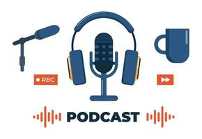 Podcast roba. Podcast registrazione e ascoltando, trasmissione, in linea Radio, Audio streaming servizio concetto. vettore illustrazione.