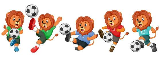 impostato di leoni cartone animato giocando calcio. vettore illustrazione