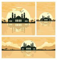 collezione di moschea silhouette con montagne e tramonto nel il sfondo vettore