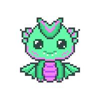 contento verde pixel draghi. kawaii mitico divertente dinosauro con fantasia 8 bit grafica e corna con leggendario sorridente poco vettore mostri