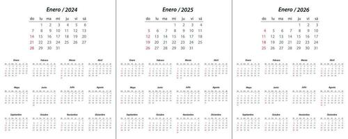 calendario 2024, calendario 2025, calendario 2026 su spagnolo linguaggio settimana inizio Domenica vettore