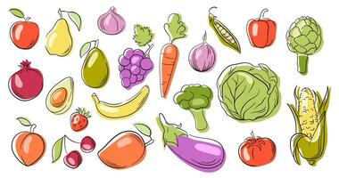 frutta e verdure collezione nel un' linea arte, piatto stile. Mango, mais,, ciliegia, fragola, melanzana, avocado, carota. vettore illustrazione isolato su un' bianca sfondo.