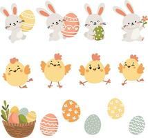 vettore impostato illustrazione per Pasqua vacanza. carino Pasqua coniglietto, uova e polli, cestino con Pasqua uova