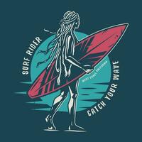 silhouette di ragazza surfer su spiaggia, fare surf tavola vettore