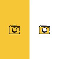 Logo creativo con macchina fotografica. Iscriviti per il fotografo. Linea nera con logotipo moderno piatto fondo giallo vettore