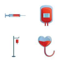 sangue donazione icone impostato cartone animato vettore. contagocce siringa e medico sangue Borsa vettore
