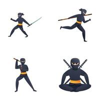 ninja icone impostato cartone animato vettore. ninja personaggio nel combattente posa vettore