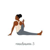 donna fare hatha yoga. marichiasana 3. sport esercizio a casa. yoga e fitness, salutare stile di vita. piatto vettore illustrazione isolato su bianca sfondo