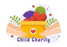 bambino beneficenza vettore illustrazione di caritatevole supporto e protezione di bambini con giocattolo donazione scatole, cibo e farmaci umanitario aiuto