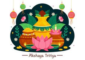 akshaya tritiya Festival vettore illustrazione con un' d'oro kalash, candela, pentola e oro monete per dhanteras celebrazione nel tradizionale indù vacanza
