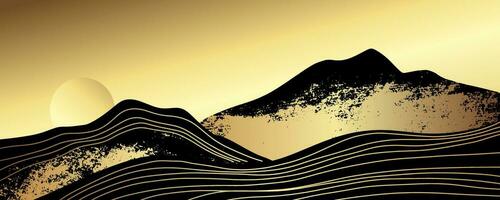 astratto lusso paesaggio. minimalista parete arte. d'oro montagna. linea arte sfondo design con grunge struttura. colline con squallido modello. vettore illustrazione con oro tramonto
