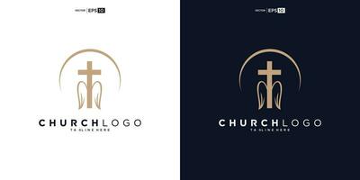 Chiesa logo. Bibbia, Gesù' attraversare e angelo Ali. Ali Chiesa logo design icona. vettore