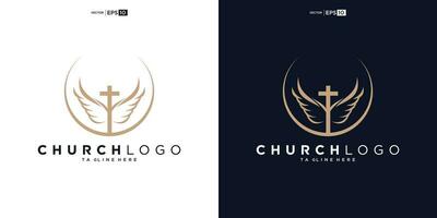 Chiesa logo. Bibbia, Gesù' attraversare e angelo Ali. Ali Chiesa logo design icona. vettore