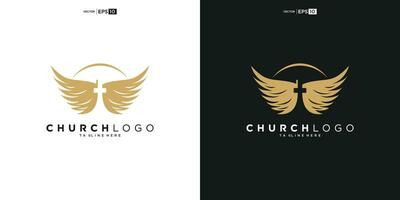 Chiesa logo. Bibbia, Gesù' attraversare e angelo Ali. Ali Chiesa logo design icona. vettore