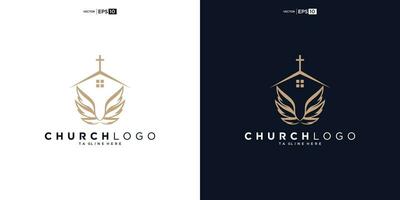 Chiesa logo. Bibbia, Gesù' attraversare e angelo Ali. Ali Chiesa logo design icona. vettore