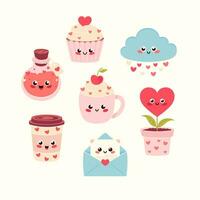 San Valentino giorno decorativo elementi impostare. San Valentino giorno carta con un' romantico tazza di caffè, cupcake, amore pozione. impostato di carino kawaii adesivi per San Valentino giorno vettore