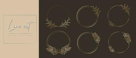 botanico d'oro cerchio telaio impostare. mano disegnato il giro linea confine, le foglie e fiori per nozze invito e carte, logo disegno, sociale media e manifesti modello. elegante minimo floreale vettore. vettore