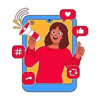 donna con un' megafono nel sua mano. sociale media concetto vettore