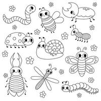 impostato di linea carino giardino insetti, bug. lumaca, la farfalla, cervo volante, libellula, verme, coccinella, ape, rinoceronte scarafaggio, formica e bruco per bambini. divertente infantile personaggi. vettore