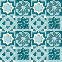 Arabo geometrico mosaico stampabile senza soluzione di continuità modello con astratto marocchino Stampa nel blu e arancia colori. Ramadan kareem tradizionale islamico arte illustrazione sfondo vettore