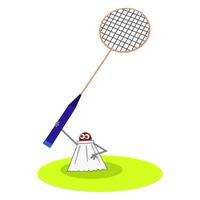divertente cartone animato volano personaggio che gioca a badminton vettore
