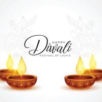 contento Diwali bianca sfondo con diya decorazione vettore