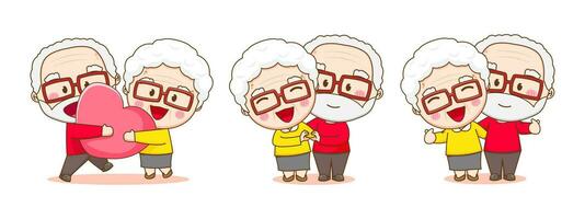 impostato collezione di carino coppia nonni. Nonno e nonna cartone animato carattere. contento vecchio coppia. chibi vettore stile. isolato bianca sfondo