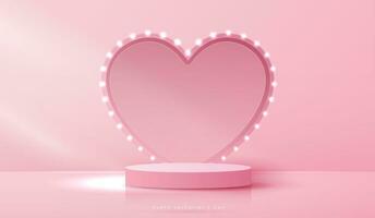 contento san valentino giorno e palcoscenico podio decorato con cuore forma illuminazione. piedistallo scena con per Prodotto, cosmetici, pubblicità, mostrare, premio cerimonia, su rosa sfondo e luce. vettore design.