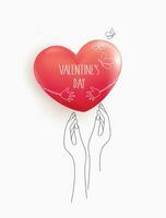 contento San Valentino giorno e mani. amore cuore rosso, mano, fiore linea design. decorativo astratto sfondo con mano disegnato cuore. mano scritto saluto carta modello per San Valentino giorno. vettore