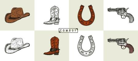 impostato di cowboy elementi insieme a, cappello, stivali, ferro di cavallo sella, revolver, e foulard. vario oggetti. cowboy tema. impostato collezione disegnato a mano occidentale illustrazione vettore