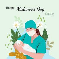 bandiera con testo internazionale ostetriche giorno. un' sorridente femmina medico detiene un' neonato bambino nel sua braccia. vettore illustrazione nel cartone animato stile.