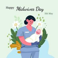 bandiera con testo internazionale ostetriche giorno. un' sorridente femmina medico detiene un' neonato bambino nel sua braccia. vettore illustrazione nel cartone animato stile.