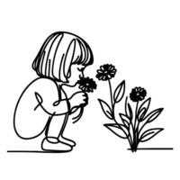 ai generato ragazza seduta e raccolto fiori linea arte disegno stile nero lineare schizzo isolato su trasparenza vettore