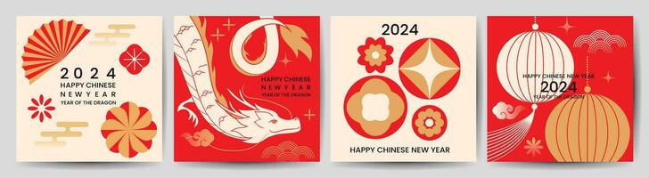 Cinese nuovo anno piazza copertina sfondo vettore. anno di il Drago design con Drago, lanterna, modello, nube, fan, fiore. moderno orientale illustrazione per coperchio, striscione, sito web, sociale media. vettore