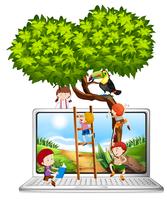 Bambini che si arrampicano albero sullo schermo del computer vettore