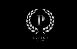 icona del logo della lettera dell'alfabeto p in metallo grigio argento con disegno floreale per azienda e affari vettore