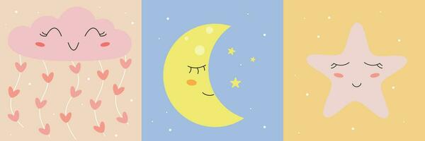 cartone animato impostato di dormire, nuvole, mesi e stelle, carino nube vettore