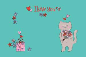 San Valentino cartolina. io amore voi, iscrizione. cartone animato gatto con un' regalo e un' mazzo di fiori e cuori. carino gattino e regalo scatola. regalo nel festivo confezione. San Valentino giorno, nozze, compleanno. vettore