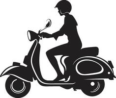 scooterista moda cavalcata scooter vettore icona paesaggio urbano di moda viaggio nero vettore simbolo