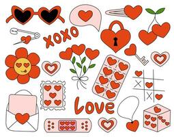 San Valentino giorno elementi. Busta, ciliegia, toppa, occhiali da sole, tornante, fiori, inviare francobollo serratura e chiave, dado, tic-tac-toe gioco. vettore piatto illustrazione. icone, adesivi nel y2k stile.