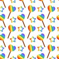 senza soluzione di continuità modello con carino lgbt lecca-lecca arcobaleno su bastone e stella. caramella nel modulo cuore. lgbtq. simbolo di il lgbt orgoglio Comunità. piatto vettore illustrazione.