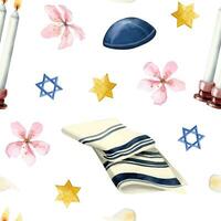 shabbat candele, kippah, tallit per Sabato preghiera, stelle di david e fiori acquerello vettore senza soluzione di continuità modello su bianca