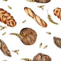 varietà pane acquerello senza soluzione di continuità modello isolato su bianca. mano disegnato segale pane, pagnotta per forno. dipinto segale di Grano. illustrazione di baguette. elemento per design Panetteria, pacchetto, commercio vettore