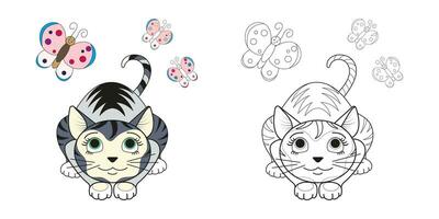 carino gatto con un' arco linea e colore. cartone animato vettore illustrazione per colorazione libro