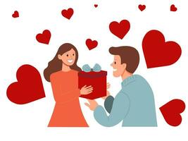 uomo dando regalo per il suo fidanzata. coppia nel amore. concetto per compleanno, San Valentino giorno o vacanze. piatto vettore. illustrazione su bianca sfondo. vettore