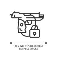 2d pixel Perfetto modificabile nero pistola sicurezza icona, isolato semplice vettore, magro linea illustrazione che rappresentano Armi. vettore