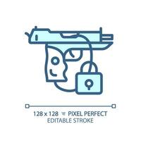 2d pixel Perfetto modificabile blu pistola sicurezza icona, isolato monocromatico vettore, magro linea illustrazione che rappresentano Armi. vettore