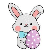 vettore Pasqua coniglietto icona per bambini. carino kawaii coniglio illustrazione. divertente cartone animato lepre carattere. tradizionale primavera vacanza simbolo nel arco seduta con colorato uovo
