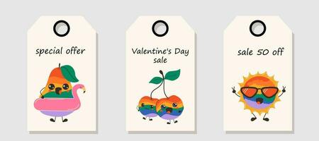 vettore impostato di sconto prezzo tag. etichette con carino contento divertente arcobaleno frutta con kawaii occhi. San Valentino giorno saldi.